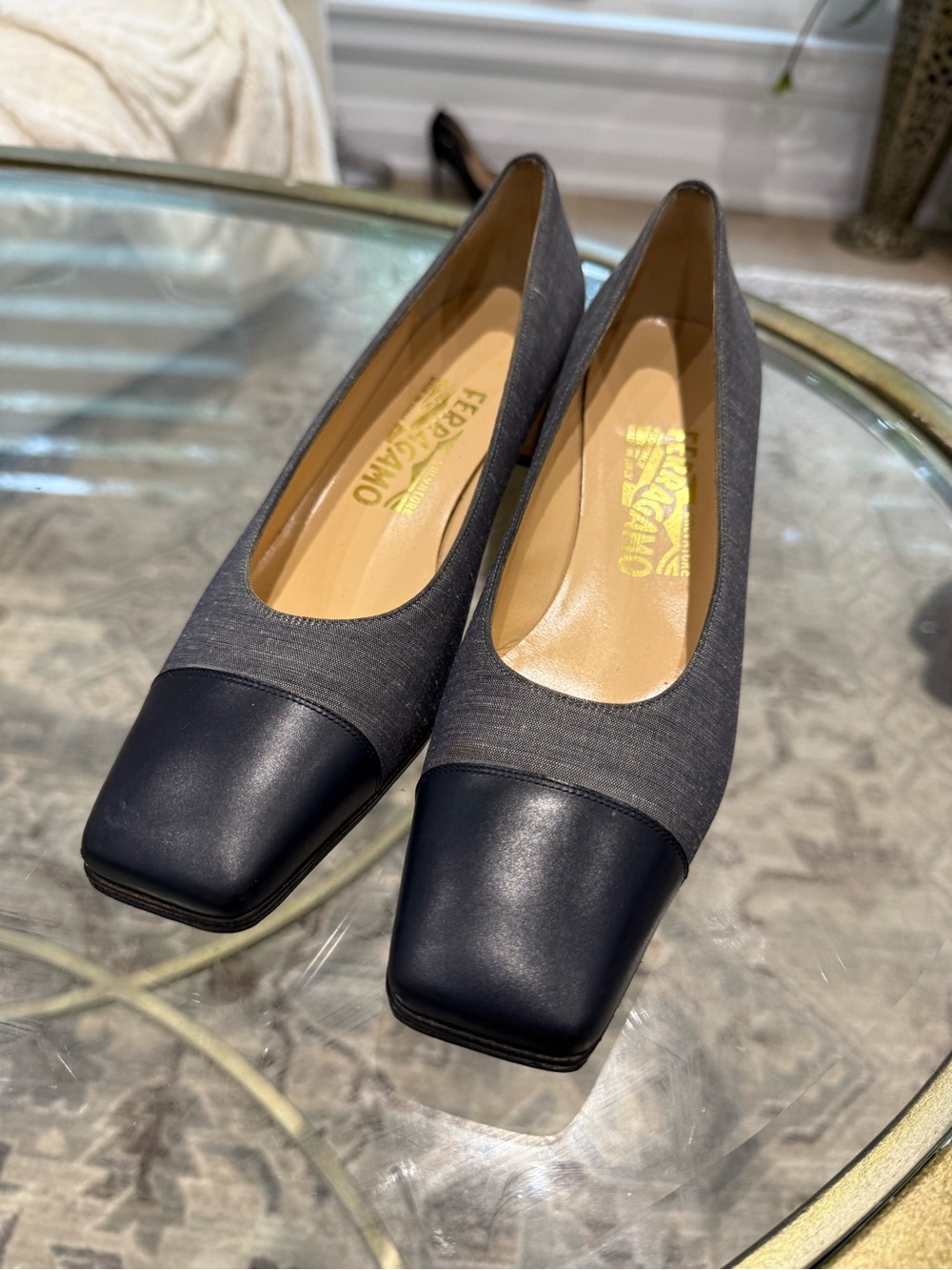 Salvatore Ferragamo Gray Pumps with Black Leather Cap Toe